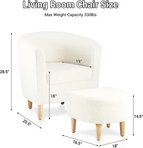 Miniatura 2 de DAZONE Silla decorativa Sherpa con otomana, sillón blanco esponjoso de barril de peluche para sala de estar acogedora, sillas pequeñas y cómodas