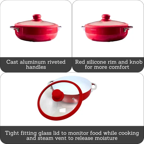 Miniatura 2 de IMUSA USA 3.2Qt Caldero antiadherente de cerámica roja (horno holandés) con borde de silicona y tapa de vidrio Rojo