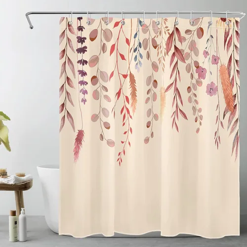 EOBTAIN Cortina de ducha de hojas de plantas de otoño, color rosa floral y hojas marrones sobre beige, cortina de ducha para baño, cortina de baño