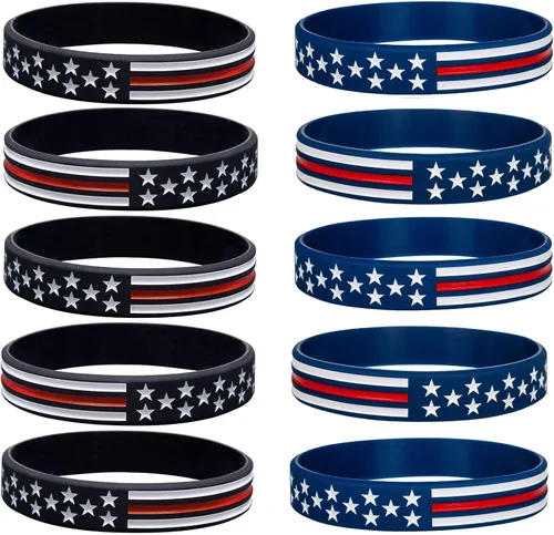 COYOUCO Paquete de 10 pulseras con la bandera estadounidense, fina línea roja, de goma de silicona, para americanismo, patriótico, vacaciones,