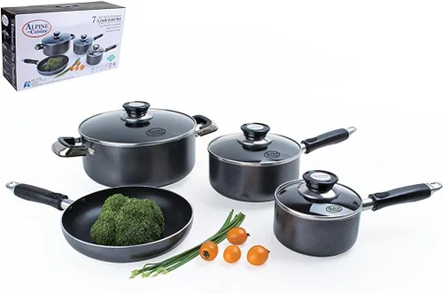 Alpine Cuisine Juego de utensilios de cocina de aluminio, 7 piezas, cacerola con revestimiento antiadherente, horno holandés, sartén wok con mango