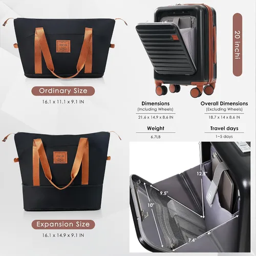 Miniatura 4 de Merax Juego de equipaje rígido ABS expandible de 3 piezas con rueda giratoria Maleta TSA Lock Suit Case, Negro -, Juego de 2 piezas, Equipaje