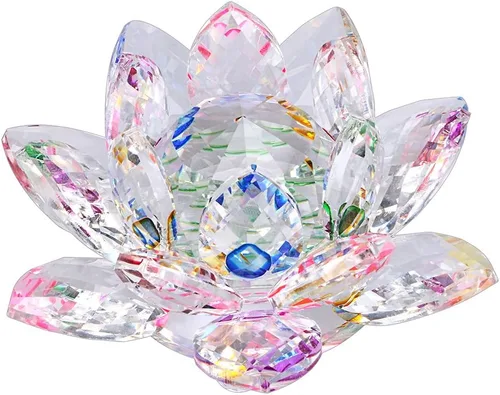 OwnMy Flor de loto de cristal brillante con reflejo de tonos arcoíris, decoración Feng Shui para el hogar con caja de regalo (100 mm / 4 pulgadas)