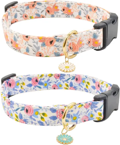 2 collares de algodón para perro, suaves y lindas flores, 3 tamaños, collar de nailon suave ajustable para hembras, perros pequeños, medianos y