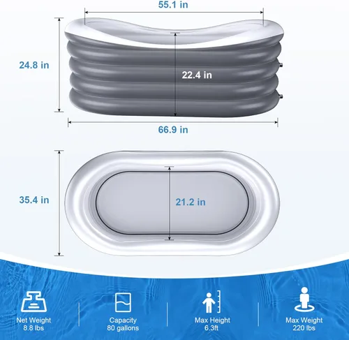 Miniatura 2 de BINYUAN Bañera inflable para adultos – Tina de hidromasaje plegable portátil con bomba eléctrica, diseño de baño caliente y hielo, plegable para 1-2