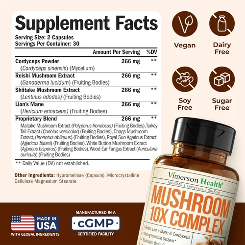Miniatura 3 de Complejo de hongos 10x con extracto de melena de león, cola de pavo, cordyceps, reishi, shiitake, chaga y maitake para apoyo cognitivo, mezcla