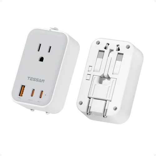 Miniatura 9 de TESSAN Adaptador de viaje 009, PD 20 W, adaptador de corriente universal 2 USB C 1 USB A, adaptador de enchufe internacional ultrafino, salida Negro