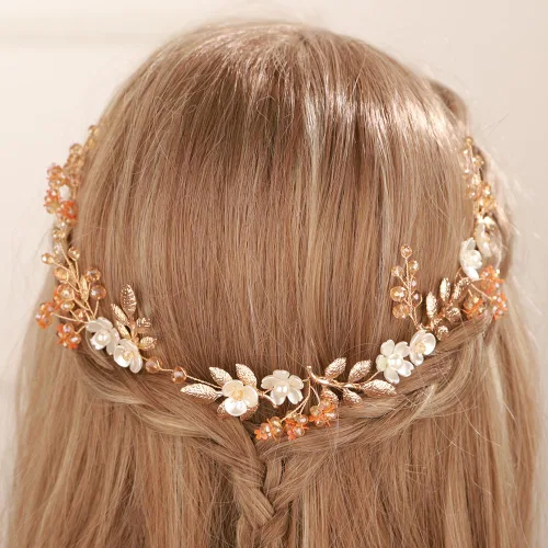 Miniatura 3 de Aimimier Diadema bohemia con hojas de flores y perlas de cristal para mujeres y niñas, 1 recuento (paquete de 1), Metal Cristal