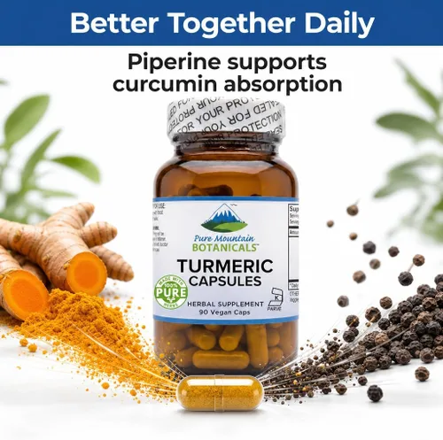 Miniatura 4 de Pure Mountain Botanicals Curcumina de cúrcuma con pimienta negra - 450 mg - 95% curcuminoides - 5 mg de piperina - 60 cápsulas Kosher veganas