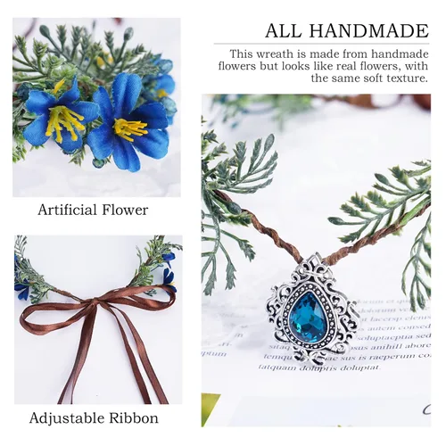 Miniatura 5 de MOSTORY Corona de flores de hada del bosque, tocado floral de elfo azul con tiara de cristal elfo, hecha a mano para mujeres y niñas, diadema
