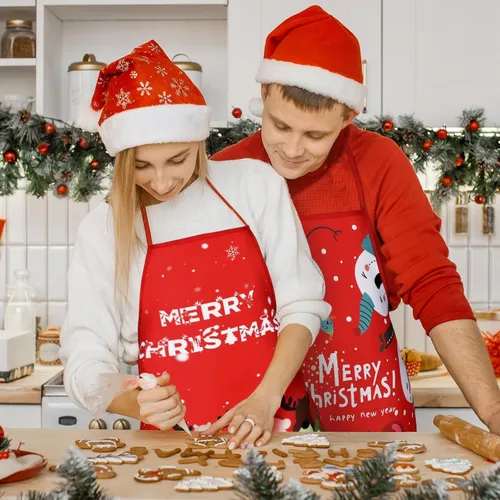 Miniatura 6 de Vabean 4 delantales de Navidad de elfo, muñeco de nieve, delantal de Santa Claus, delantal de cocina ajustable para fiesta, chef, cocinero, casa