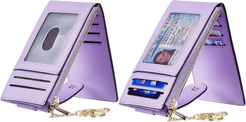 Miniatura 2 de Chelmon Billetera delgada con bloqueo RFID para mujer, con bolsillo con cremallera, Púrpura claro, Minimalista
