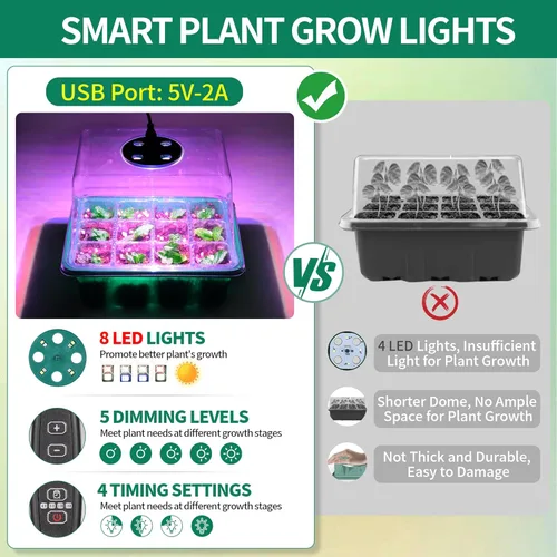 Miniatura 2 de Paquete de 4 bandejas de inicio de semillas con luz de crecimiento y tapete térmico, kit de inicio de semillas de 48 celdas con cúpula de humedad