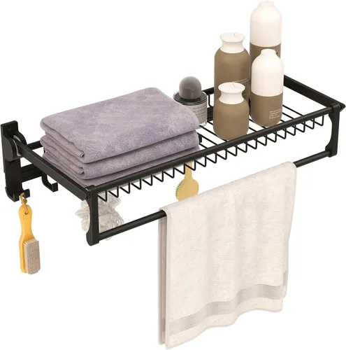 Tangkula Estante de baño plegable, estante de baño montado en la pared con barra ajustable y ganchos móviles, organizador de aluminio a prueba de