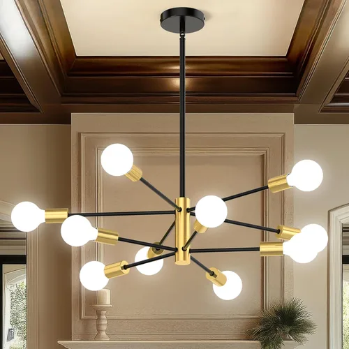 Miniatura 15 de Candelabros Sputnik Modernos para Comedor, Altura Ajustable Semi Empotrado Negro y Dorado Candelabro Lámpara de Techo Montaje 6 Luces Mediados