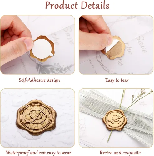 Miniatura 4 de Yoption - Pegatinas de sello de cera con letra inicial del alfabeto D, paquete de 100 pegatinas autoadhesivas de oro antiguo, letras para sobres