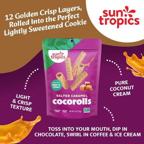 Miniatura 3 de Sun Tropics CocoRolls Sabor a caramelo salado de 4 onzas Galletas de oblea enrolladas crujientes, rollos de coco hechos con crema de coco pura