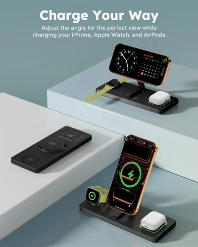 Miniatura 6 de Estación de carga plegable 3 en 1 para Magsafe, soporte magnético para teléfono y reloj para dispositivos Apple, cargador inalámbrico de escritorio