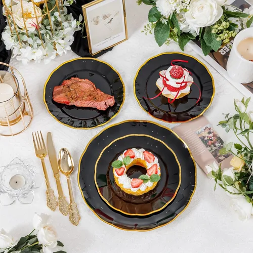 Miniatura 9 de supernal 60 piezas Platos de Cumpleaños Negros y Dorados Platos de Plástico para Fiestas y Platos Desechables Elegantes Platos Festoneados