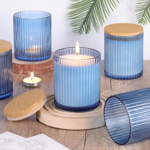 Miniatura 8 de sunnyfuture Juego de 8 tarros de vela transparentes de 10 onzas para hacer velas, tarros de vela de vidrio acanalado con tapas de madera