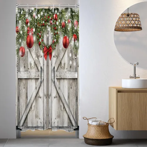 Miniatura 30 de Cortina de ducha con puerta de granero occidental para baño, lavanda púrpura y verde corona de eucalipto en tableros de madera rústica, cortina