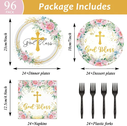 Miniatura 2 de 96 piezas de platos de flores con la frase "God Bless" para fiesta, decoración temática de bautizo, platos de papel y servilletas para primera