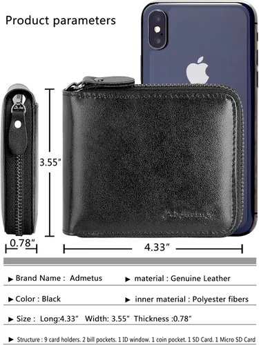 Miniatura 24 de Admetus - Cartera de piel auténtica para hombre con cremallera, plegable