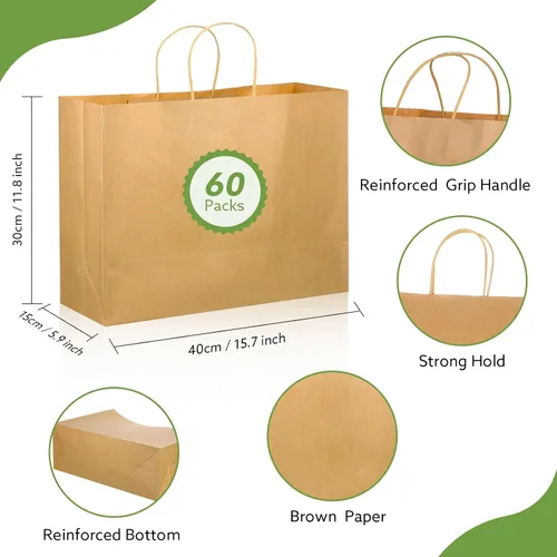 Miniatura 2 de Woric 60 bolsas de papel marrón con asas, bolsas de regalo grandes de 16 x 6 x 12 pulgadas, multiusos, marrón sólido, papel sin recubrimiento, 60