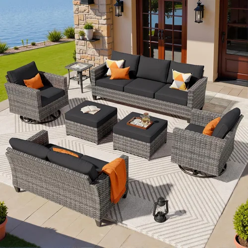 Miniatura 25 de ovios Juego de muebles de patio de 8 piezas, sofá de mimbre para exteriores con sillas giratorias, mecedora con cojines cómodos, juego de Beige