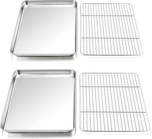 Miniatura 8 de P&P CHEF Juego de bandejas para hornear de acero inoxidable de 16 + 12.5 pulgadas con rejilla (2 bandejas + 2 rejillas), bandejas para galletas