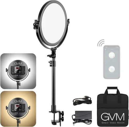 GVM - Luz de video LED para montaje en escritorio, luz de llave redonda de 10 pulgadas con difusor integrado y pantalla LCD, luz profesional bicolor