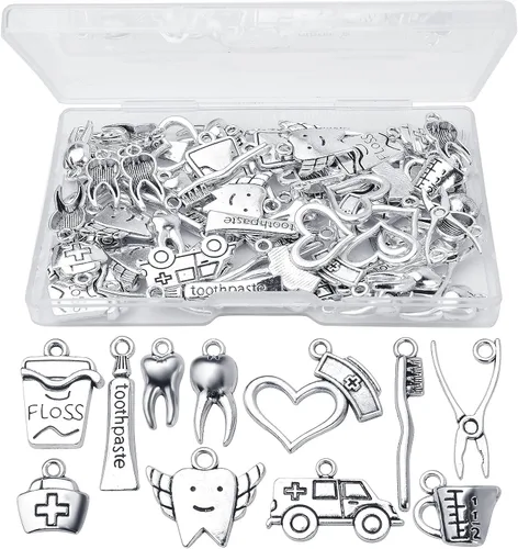 72 dijes de dientes saludables de plata antigua, dentista, higienista dental, con una caja, suministros para manualidades, joyería, collares,