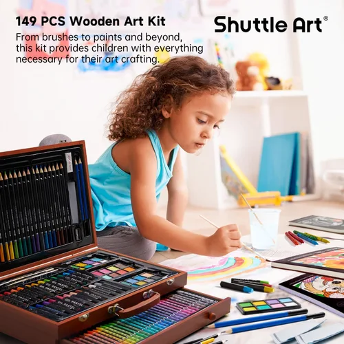 Miniatura 2 de Shuttle Art - Juego de 149 piezas de arte de lujo, suministros de arte en estuche de madera, kit de dibujo y pintura con crayones, lápices de Marrón