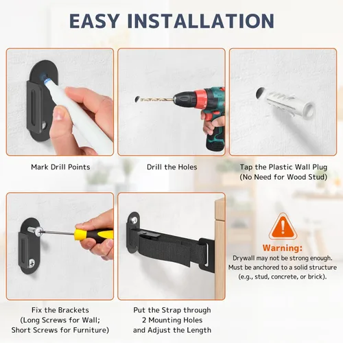 Miniatura 7 de Anclajes antipunta para muebles (2 juegos), anclaje de pared resistente para muebles, anclajes de pared a prueba de terremotos para seguridad