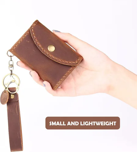 Miniatura 4 de Cartera de cuero genuino para tarjetas de crédito, organizador de tarjetas de crédito para mujeres y hombres, monedero pequeño llavero, Marrón