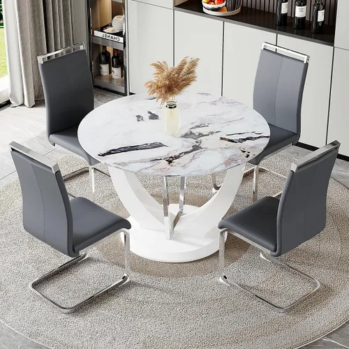 Miniatura 26 de JUFU Juego de mesa de comedor redonda para 4, mesa de comedor de 48 pulgadas con mesa de mármol sintético y 4 sillas tapizadas, moderno juego