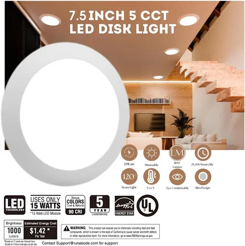 Miniatura 2 de Luz de disco de 7.5 pulgadas, 1 paquete de lámpara de techo regulable de montaje empotrado 5CCT 2700K/3000K/3500K/4000K/5000K Certificado ETL