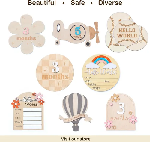Miniatura 5 de Tarjetas de hitos mensuales para bebés - Discos de hitos mensuales de madera - Accesorios para fotografía de recién nacidos para documentar el Flor
