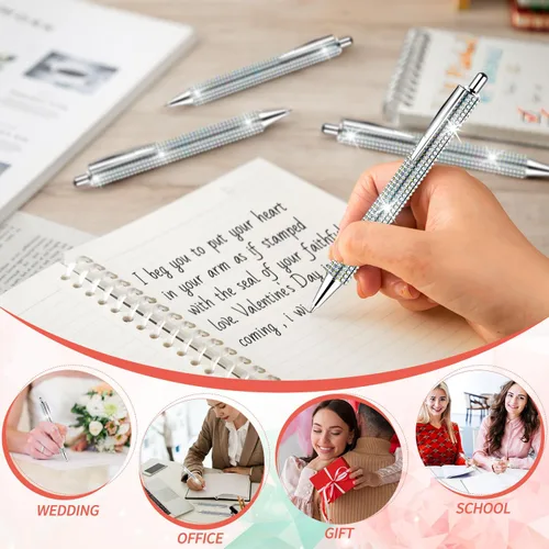Miniatura 3 de Bolígrafos brillantes para diamantes de imitación, 4 bolígrafos plateados brillantes con 8 repuestos retráctiles de tinta negra para suministros