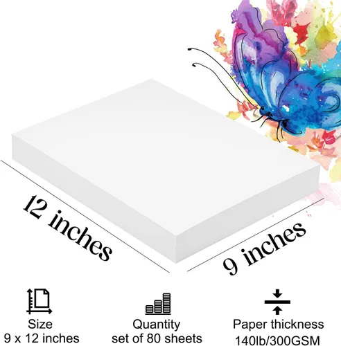 Miniatura 4 de Papel para acuarela 9x12 pulgadas 80 hojas, papel de artista pesado 140 lb/300 g/m² papel de algodón natural prensado en frío para estudiantes