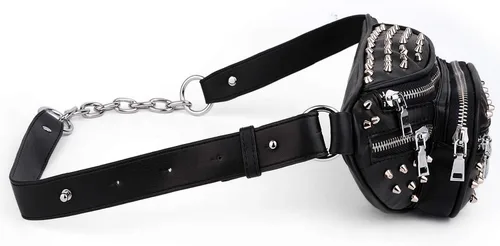 Miniatura 6 de UTO Fanny-Pack-for-Women's - Riñonera vegana de cuero con remaches tachuelas, ligera, con cremallera, bolsillo al hombro, 0879 Negro