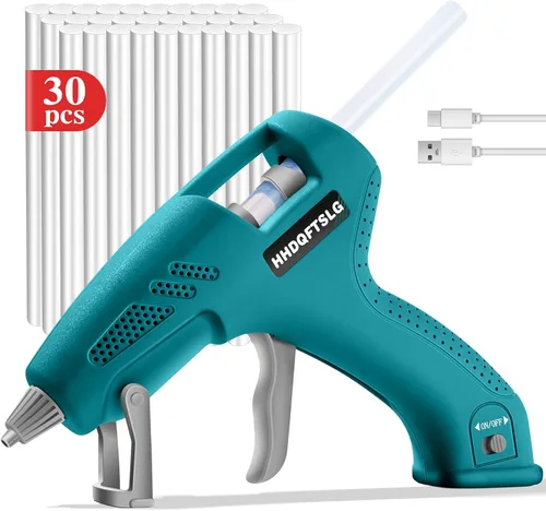 Pistola de pegamento caliente inalámbrica con 30 barras de pegamento premium, pistola de pegamento inalámbrica de 20 W, precalentamiento rápido de