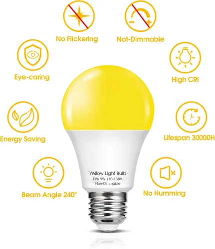 Miniatura 8 de Bombillas LED amarillas para insectos en el exterior, bombilla LED amarilla A19 para exteriores, equivalente a 60 W, luces amarillas ámbar de 9 W