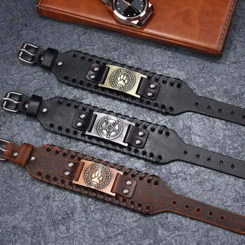 Miniatura 4 de Pulsera de cuero satánico, pulsera de cabeza de cabra satánica de baphomet de demonio, brazalete gótico de pentagrama invertido
