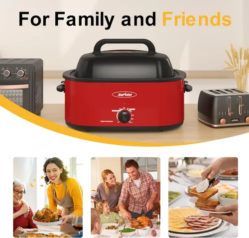Miniatura 7 de Sunvivi Horno asador, horno asador eléctrico con tapa de visión, asador de pavo de 24 cuartos de galón de 28 libras con función única de Rojo