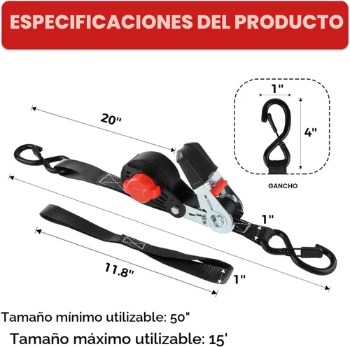 Miniatura 4 de Correa de trinquete NeatStrap con bloqueo de seguridad, ganchos en S de Chromoly - 680 kg de resistencia a la rotura - Correas de trinquete