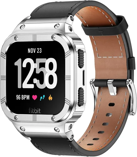 BAITEYOU Leather Bands with Stainless Steel Case Compatible with Fitbit Versa 1 2 3 4 Lite Sense 2 1 Protective case for men Estuche negro/plateado