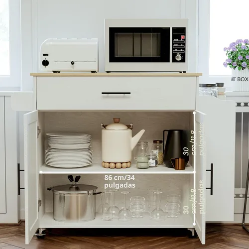Miniatura 3 de IRONCK Isla de cocina con almacenamiento, isla de cocina rodante con hoja abatible, 3 estantes abiertos para especias, gabinete con puerta, cajón