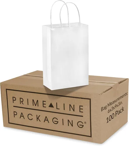 Prime Line Packaging Bolsas de papel blanco, bolsas de regalo de papel mini con asas para pequeñas empresas, compras, boutiques, mercancías,