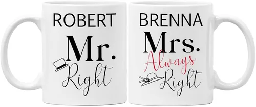 Miniatura 7 de Juego de tazas personalizadas de Mr & Mrs – Nombres personalizados, bodas, San Valentín, compromiso, regalos de despedida de soltera, tazas